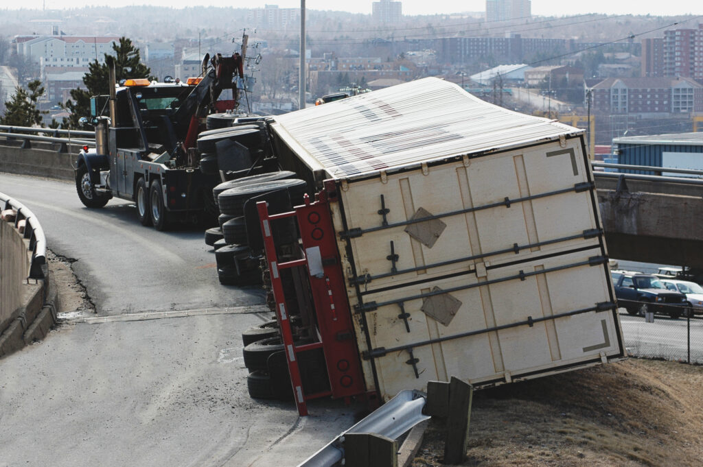 Overturned semi truck in a rollover accident