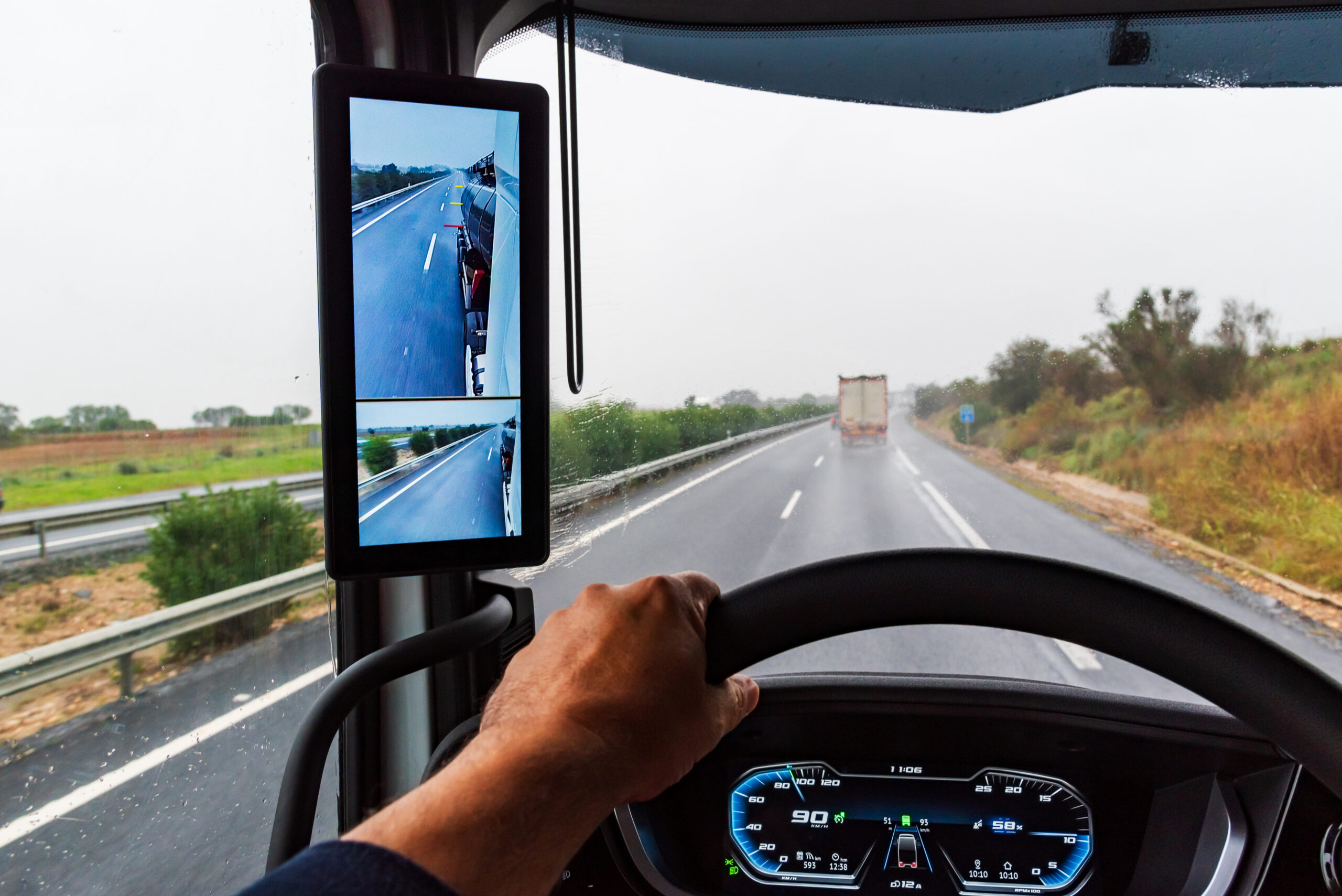 A commercial truck that is equipped with side and rear-view cameras, which can help reduce the occurance of blind spot truck accidents.