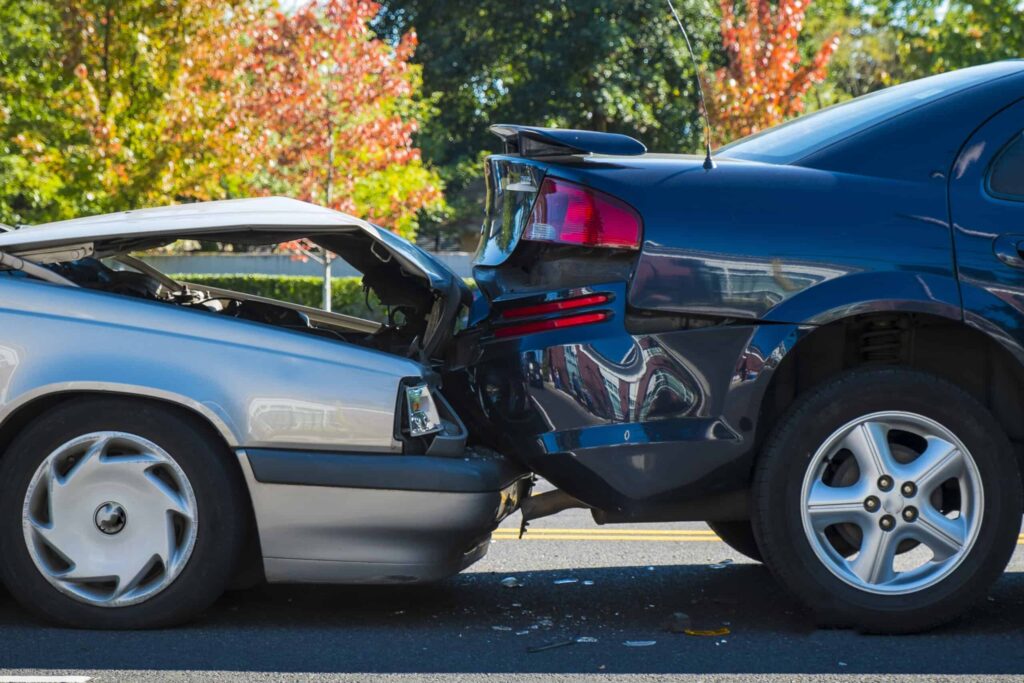 A close up shot of a rear-end accident, one of the most common types of car accidents.